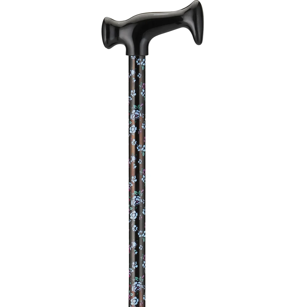 NOVA Cane T-Grip Blue & Pink Flowers On Black