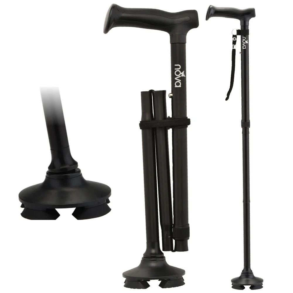 NOVA Folding Cane with Quad Tip Black