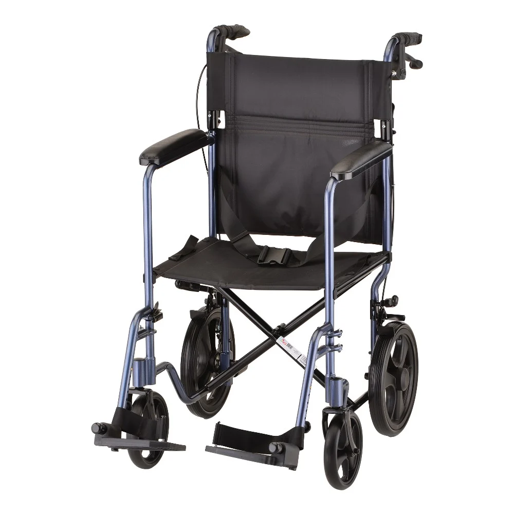 NOVA Lightweight Transport Chair with Hand Brakes - 19" with Swing Away Footrests - Blue