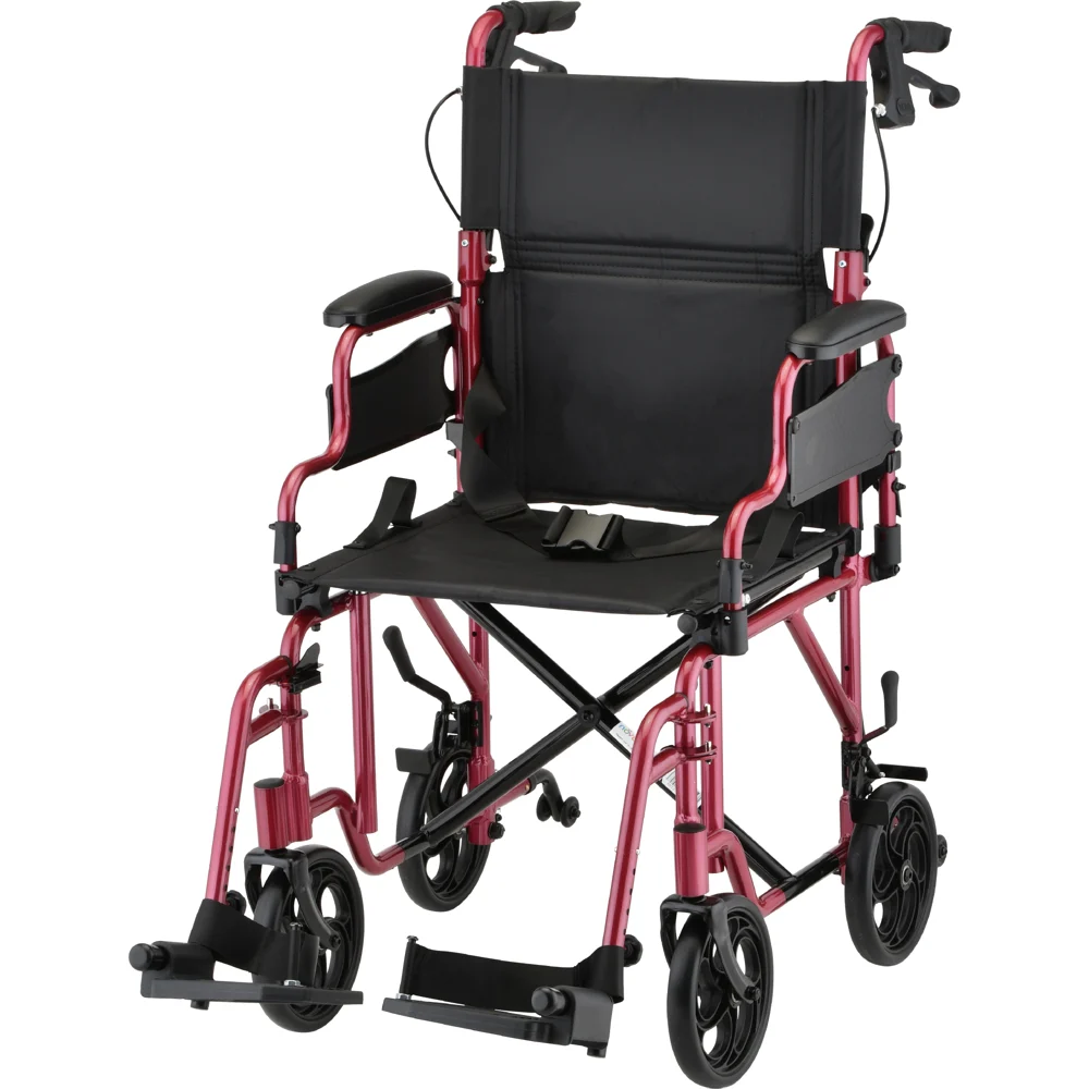 NOVA Lightweight Transport Chair with Locking Hand Brakes, Flip Up Arms and Anti-Tippers Red