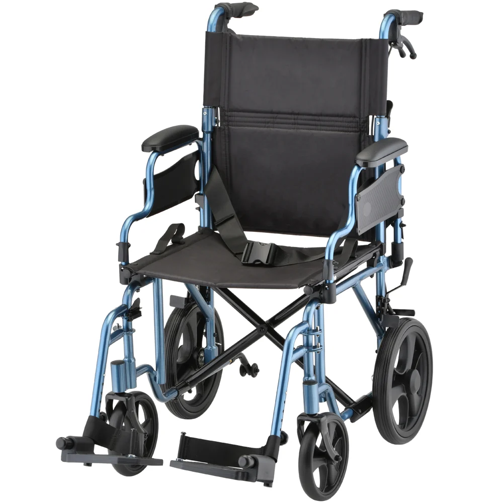 NOVA Lightweight Transport Chair with 12" Rear Wheels, Locking Hand Brakes, Flip Up Desk Arms Blue