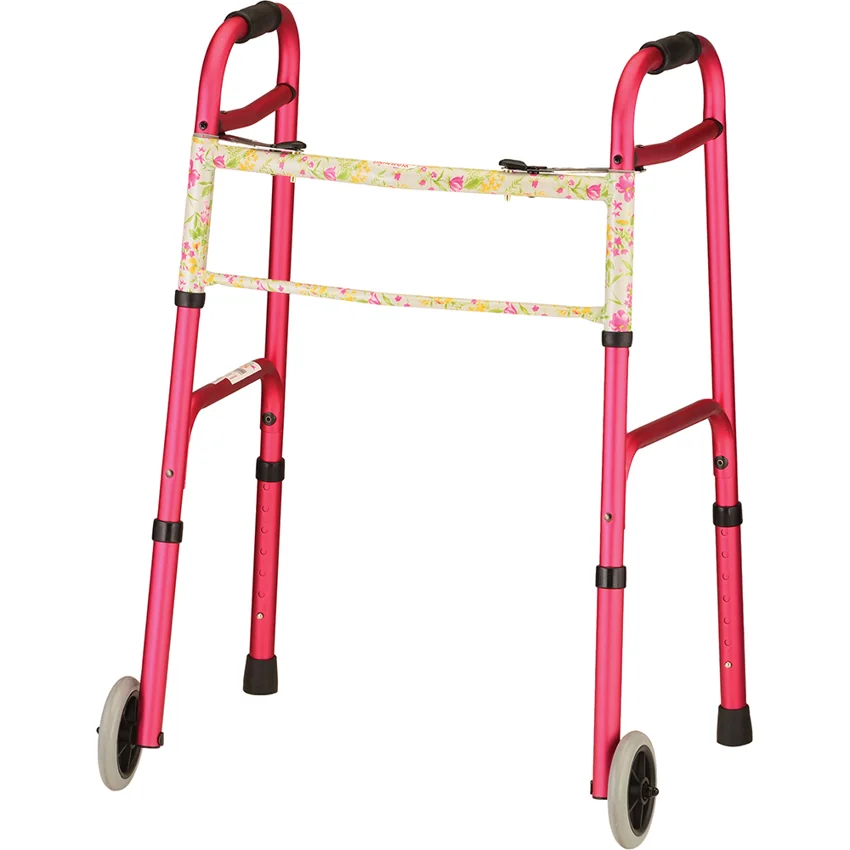 NOVA Folding Walker With 5" Wheels - Pink With Floral Print