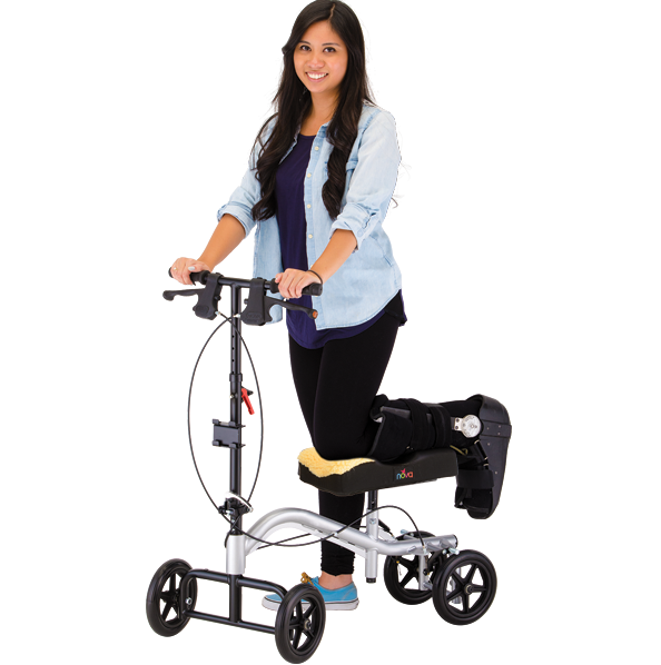 Knee scooter with a padded knee support and basket