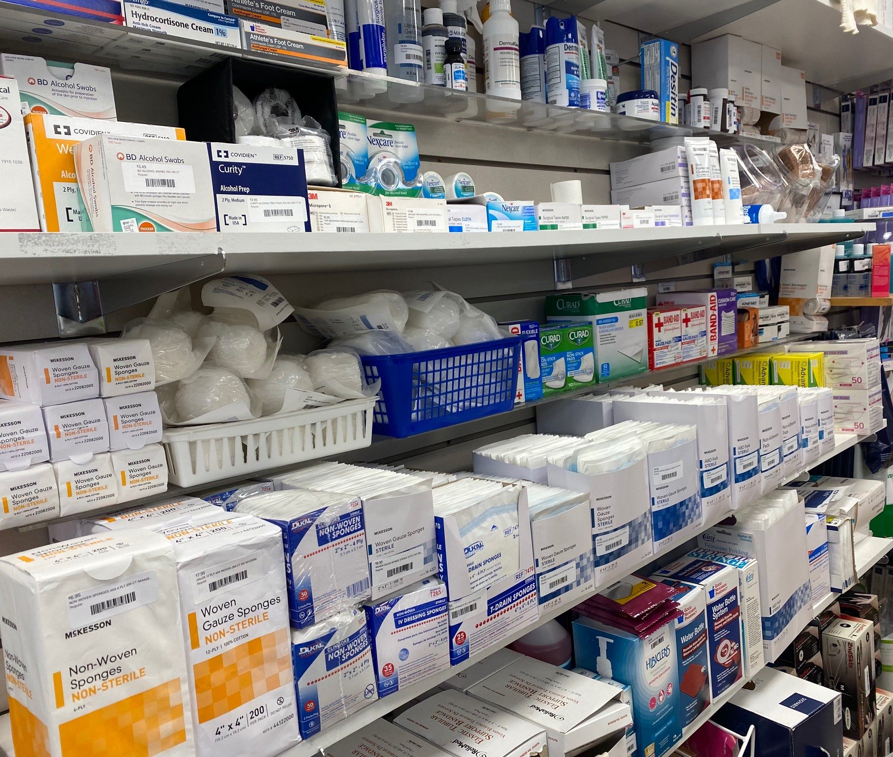 Gauze, dressings, and bandaging supplies on Family Medical shelves