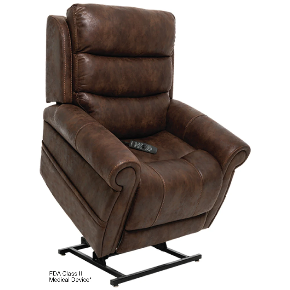 Brown Pride power lift recliner shown in a raised position